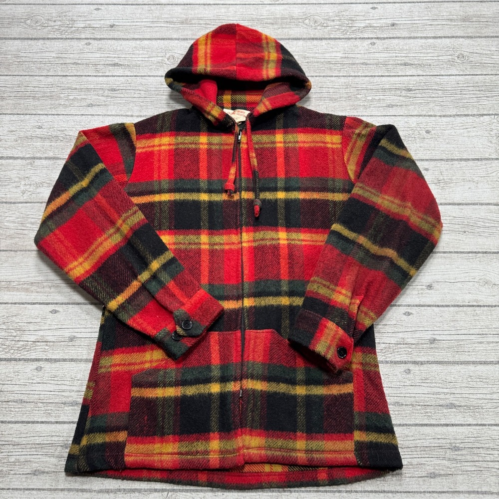 Vintage Sears Shirt Jacket Men's 36 Red Yellow Full Zip Hooded Plaid Wool Canada